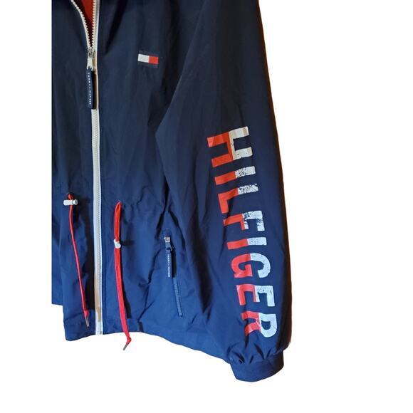 Tommy Hilfiger Womens Windbreaker Jacket Hooded Full Zip Drawstring Navy Sz L - Picture 3 of 8